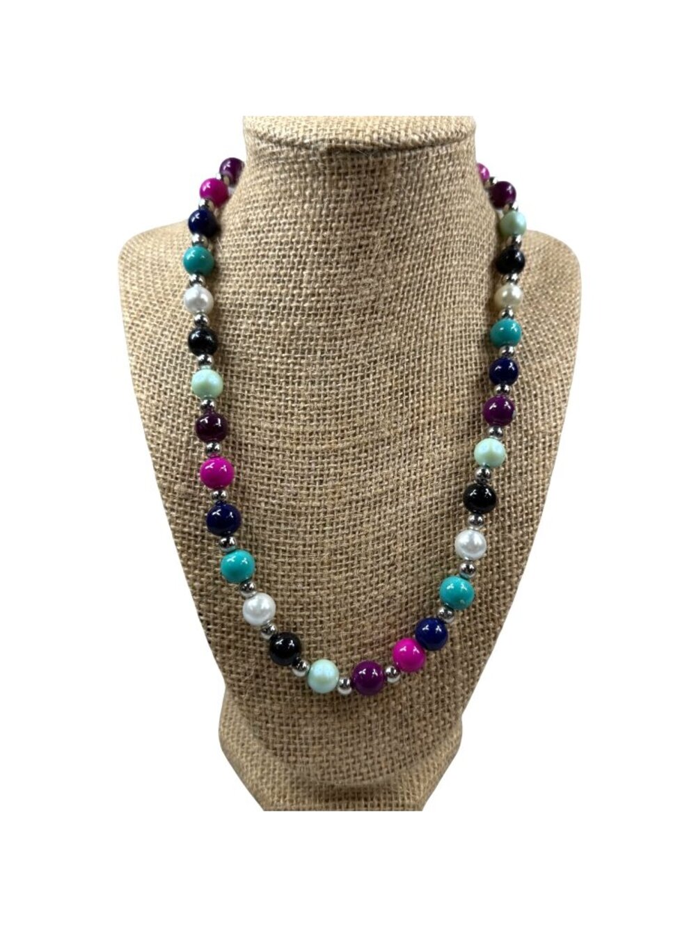 Multicolor Beaded Necklace Glossy Finish & Silver Accents 20 Inches Spring Clasp